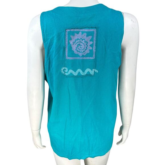 Vintage Blue Cactus Vest Women Small Coastal Artsy Oversized Y2K 90s Block Print - Picture 5 of 10
